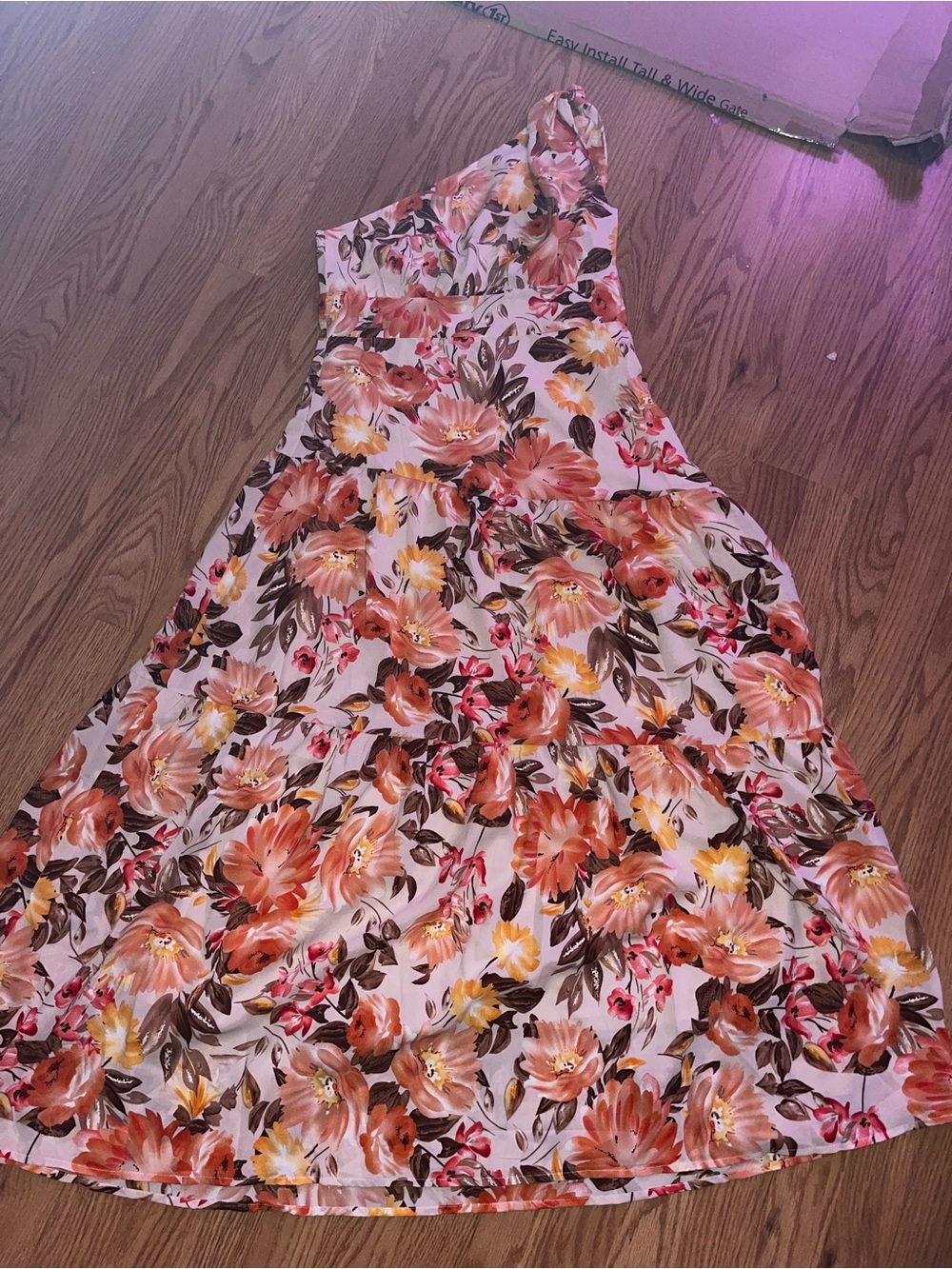 Floral One-Shoulder A-Line Dress in Peach & Yellow